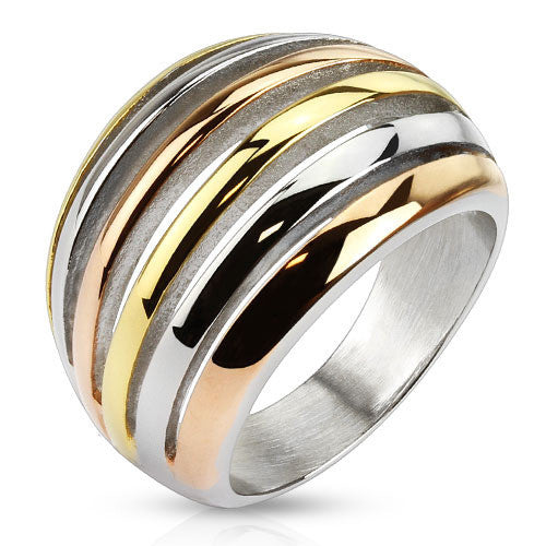 City Lights– Silver rose gold and gold IP tri-tone stainless steel crescent cut-out ring