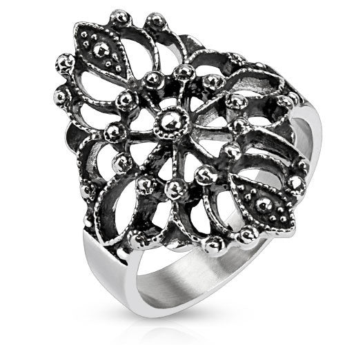 Desiree – Intricate Antiqued Stainless Steel Floral Design Cocktail Ring