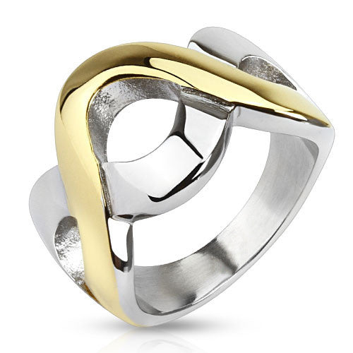 Delta Wave – Two-Tone Stainless Steel Gold Interlocking Wave Pattern Ring