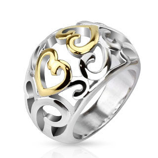 Dancing Hearts Ring – Light-Hearted Two-Tone Stainless Steel and Gold Hearts Cut-Out Pattern Ring