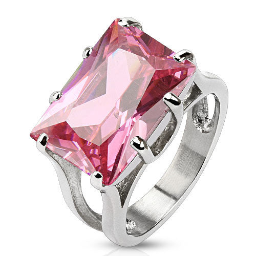 Blushing Princess – Lovely Rectangular Emerald-Cut Pink Cubic Zirconia Cocktail Ring in Stainless Steel