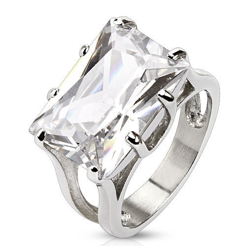 Snow Queen - Stainless Steel Rectangular Emerald-Cut White Cubic Zirconia Cocktail Ring