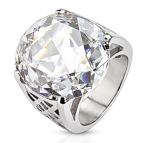 Artful Diamond – Large Artistic Round-Cut Clear White Gem Cast Ring in Stainless Steel