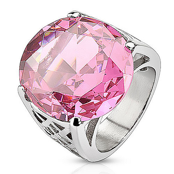 Artful Tourmaline– Large Modern Artistic Round-Cut Pink Tourmaline Ring in Stainless Steel