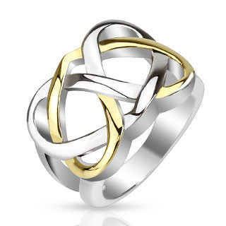 Endless Knot– Gold IP and silver stainless steel two-tone heart infinity Celtic knot ring