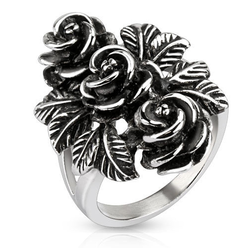 Vintage Rose Trio - Pretty Intricately Carved Antiqued Stainless Steel Three Roses Cocktail Ring