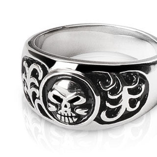 To Hell and Back - Life-death engraved black oxidized stainless steel men's skull ring