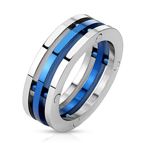 Blue Trinity– Industrial Style Triple Bolted Blue Stainless Steel Combination Ring