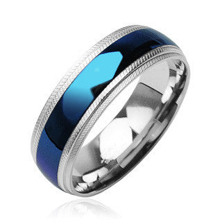 Blue Diamond - Striking Bright Blue Stainless Steel Textured Edges Ring