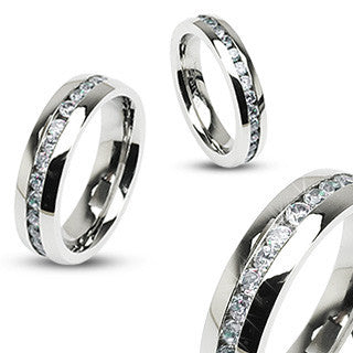 Eternity - Passionate Design Stainless Steel Comfort-Fit Ring with Embedded Band Of Glittering Clear Cubic Zirconias