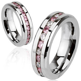 Forever In Pink - Stunning Stainless Steel Wedding Band with Blush Pink and White Cubic Zirconias