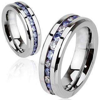 Forever In Blue - Stunning Stainless Steel Wedding Band with Tanzanite and White Cubic Zirconias