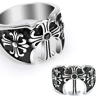 High Kingdom - Three Medieval Crosses with Black Gem Black and Stainless Steel Royal Style Ring