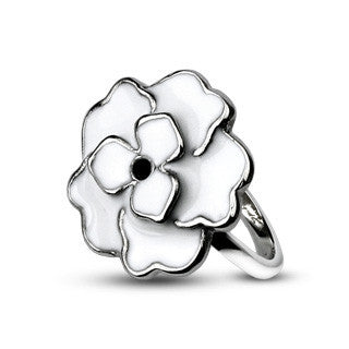 White Cherry Blossom - Adorable Floral Design White and Stainless Steel Pretty Ring