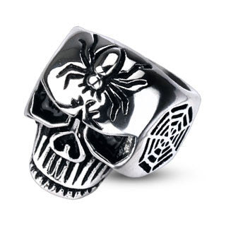 Wicked Web - Spider and web engraved black oxidized stainless steel men's skull ring