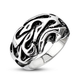 Trial By Fire - Tribal Inspired Flames Design Black and Stainless Steel Comfort-Fit Ring