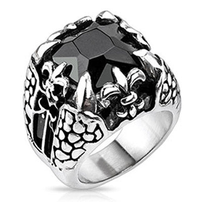 Dragonstone – Large square-cut onyx gem dragon claw Fleur De Lis oxidized silver stainless steel men’s ring