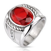 Majestic - Oval-Cut Red Stone Stainless Steel Comfort-Fit Ring with Muliple CZs