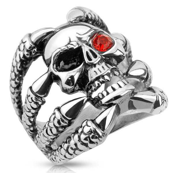 Dragonskull – Skull with red cubic zirconia eye dragon claw stainless steel men’s ring