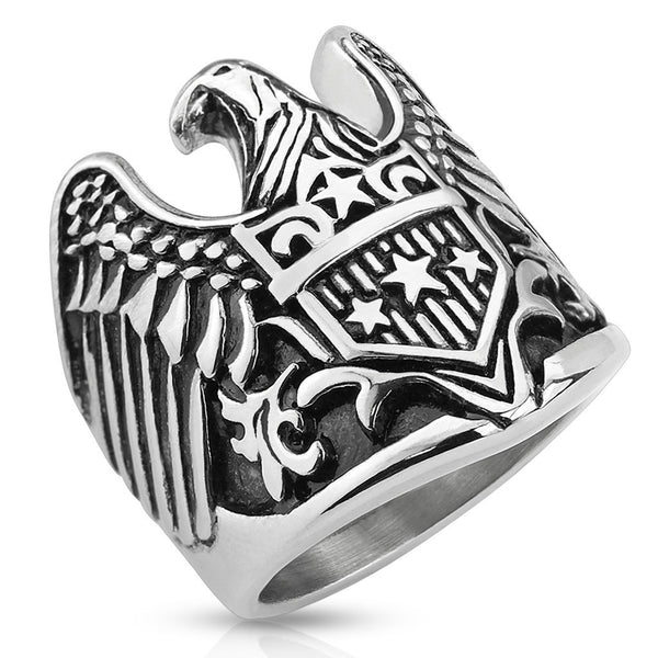 Eagle Warrior – Open wingspan eagle with star shield antiqued stainless steel men’s ring