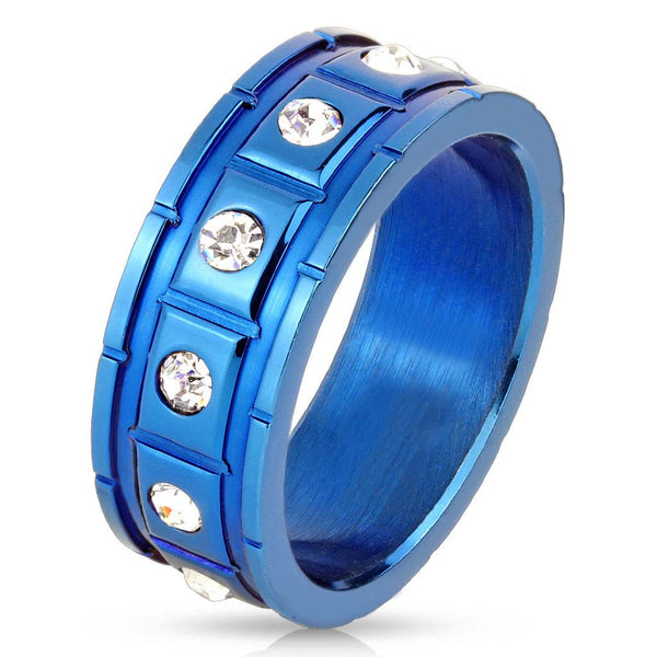 Structured Blue -Twelve cubic zirconias in raised squares blue IP stainless steel grooved men's ring