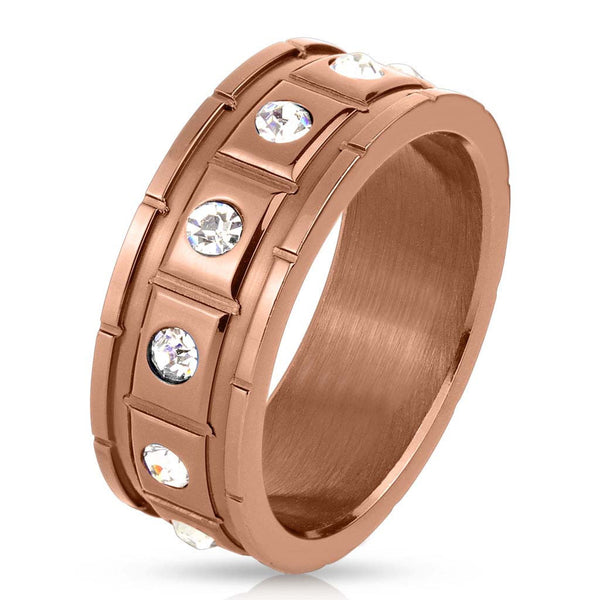 Structured Bronze - Twelve cubic zirconias in raised squares bronze IP stainless steel grooved men’s ring