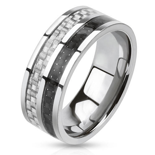 Cocktail Hour – Double carbon fiber black and white inlayed silver stainless steel men’s ring