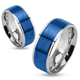 Stratosphere– Brushed blue IP and silver stainless steel his and her ring with step edges