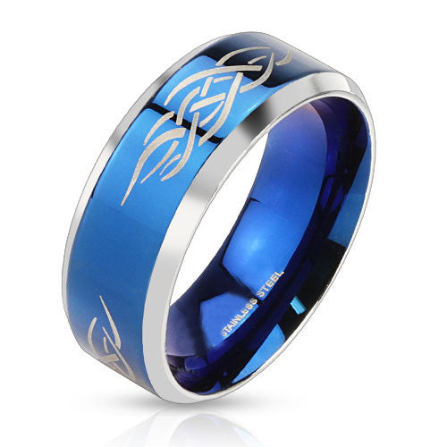 Blue Tribal Shaman– Polished blue IP and silver stainless steel men’s ring with fire tribal inlay