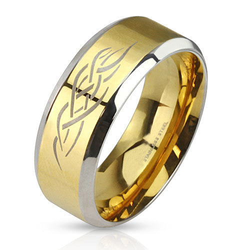 Gold Tribal ShamaGift Boxn – Brushed gold IP and silver stainless steel men’s ring with fire tribal inlay