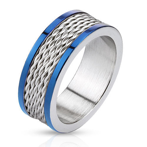 Blue Cyclone- Blue IP and silver stainless steel ring with stacked wire inlay and polished edges