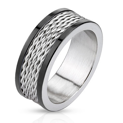 Silver Cyclone – Black IP and silver stainless steel ring with stacked wire inlay and polished edges