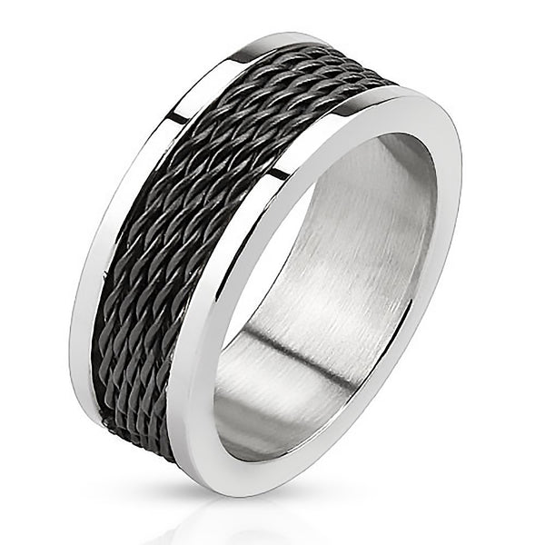 Black Cyclone – Black IP and silver stainless steel ring with stacked wire inlay and polished edges