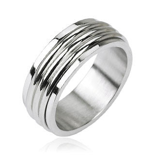 Groovy Spin– Triple grooved band men’s spinner ring in silver stainless steel