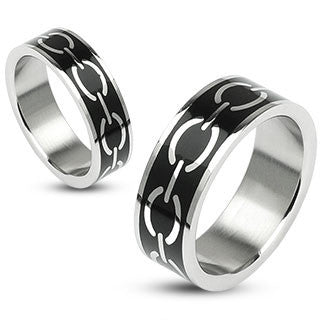 Linked in Love Black – Silver and Black Stainless Steel Couples Ring with Black Enamel and Love Links Pattern