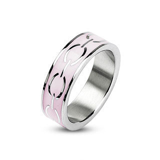 Linked in Love Pink – Silver Stainless Steel Ring with Pink Enamel and Love Links Pattern