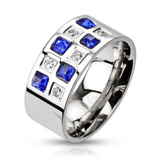 The Chairman – Classy Stainless Steel Multiple Blue and White Cubic Zirconia Checkerboard Pattern Ring