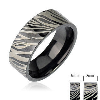 Zebra - Black IP Band with Zebra Print Black and Stainless Steel Comfort-Fit Ring