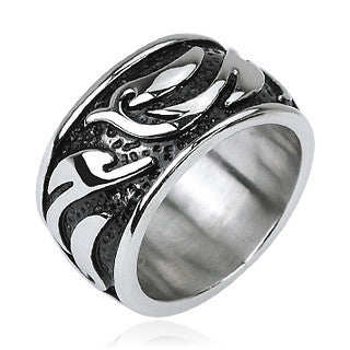 Wave Rider - Masculine Style Black and Stainless Steel Stylized Ring