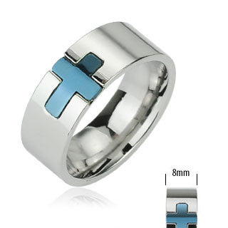 True Blue Cross – Faith blue IP cross silver stainless steel men’s ring LIMITED SUPPLY