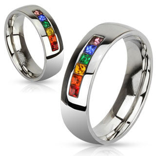 Refraction - Six Gem Stones Representing Colors Of Rainbow Stainless Steel Comfort Fit Ring