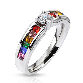 Celebration - Stainless Steel Engagement Ring with Clear Center Gem and Rainbow CZs