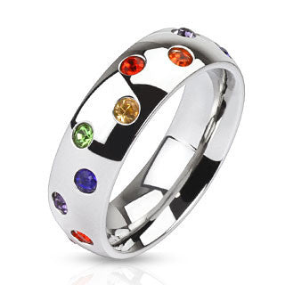 Rainbow Drops – Polished stainless steel multi-colored rainbow cubic zirconia studded commitment ring