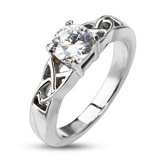 Celtic Love – Round cut cubic zirconia solitaire set in a stainless steel trinity Celtic knot ring design