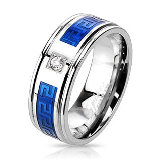 Blue Dionysus - Silver and Blue Stainless Steel Greek Key Maze Design Cubic Zirconia Wedding Band