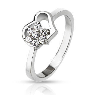 Heart in Bloom – Pretty Floating Heart Design with White Cubic Zirconia Flower in Stainless Steel Ring