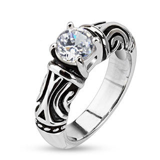 Tribal Princess– White round cut cubic zirconia solitaire tribal design stainless steel ring