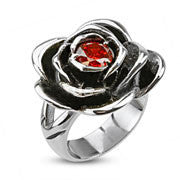 Everlasting Rose - Nature Inspired Rose Design Filled with Red Cubic Zirconia Stainless Steel Comfort-Fit Ring