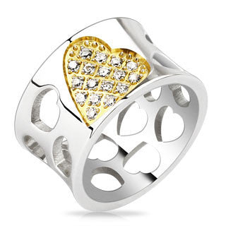 Love Celebration– Wide Polished Stainless Steel Cut-Out Heart Design Band with Gold Center Heart Studded White Cubic Zirconias