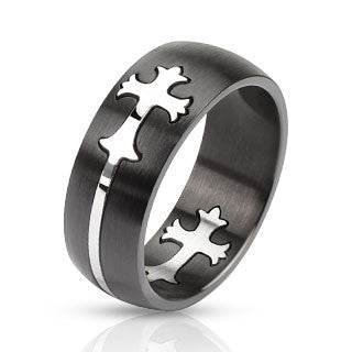 Purpose– Bold Two-Tone Black and Silver Stainless Steel Sut-Out Cross Design Ring